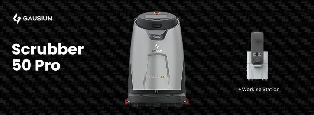 Gausium Scrubber 50 Pro autonomous cleaning machine with working station, featuring water-saving filtration.