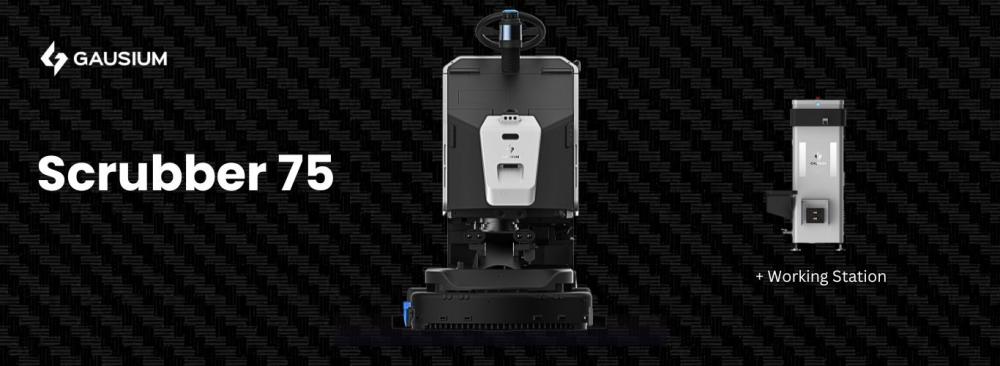 Gausium Scrubber 75 industrial robotic floor cleaner with working station, built for heavy-duty cleaning tasks.