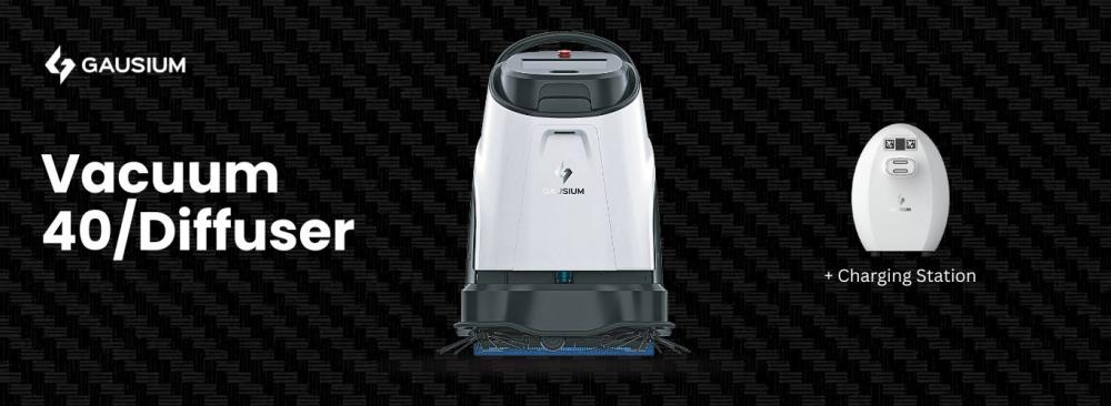 Gausium Vacuum 40/Diffuser robotic cleaning machine with charging station, combining floor cleaning and air purification.